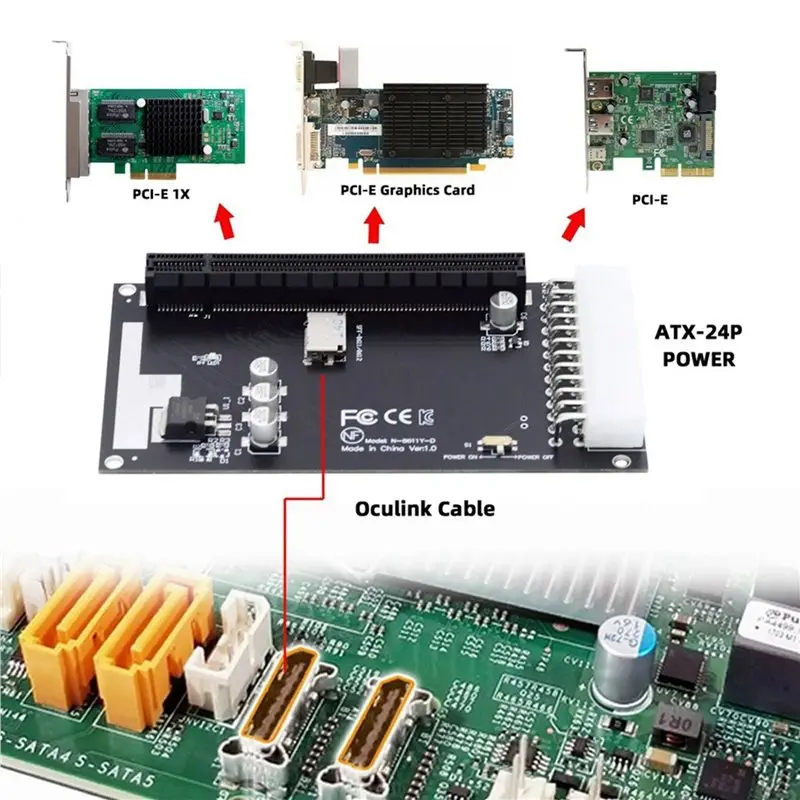Фото QWE-3Pcs 4X Oculink SFF-8612 SFF-8611 адаптер PCI-Express 16X с портом питания ATX 24Pin для материнской платы и видеокарты №2