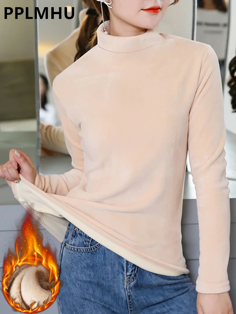 

Thicken Warm Basic Soft Velvet T-shirts Women Fall Winter Turtleneck Jumper Plush Lined Tops Casual Long Sleeve Slim Velour Tee