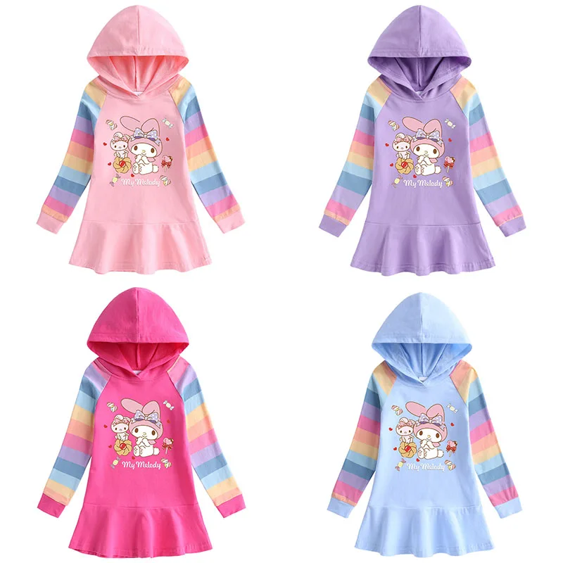 

Платье Hellokitty Sanrio Kawali My Melody, юбка с капюшоном и длинными рукавами, радужная мультяшная хлопковая мягкая одежда, аниме, подарок для девочек