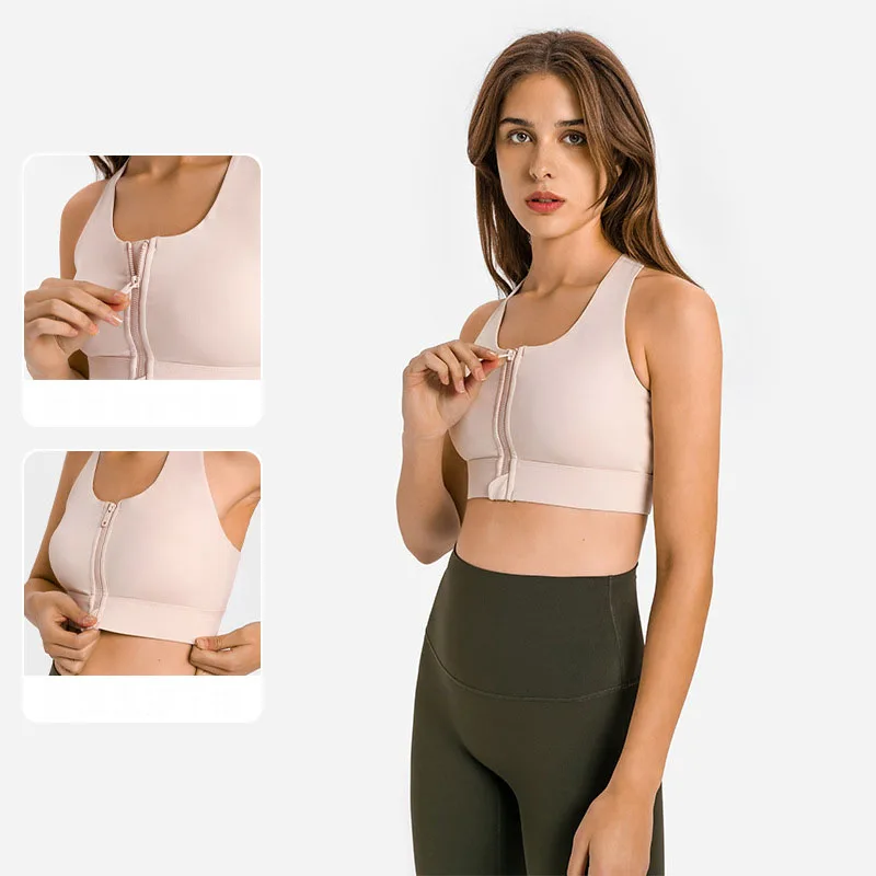 

With Logo Gym Solid Sports Bras With Zipper In Front Push Up For Big Breasts Fitness Naked Soft High Impact Running Tank Top