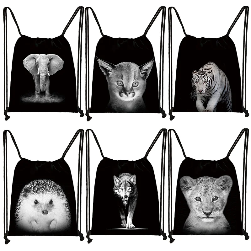 

Black White Animal Lion Wolf Elephant Print Backpack Women Drawstring Bags for Travel Shoes Storage Bag Holder Teenager Bookbags