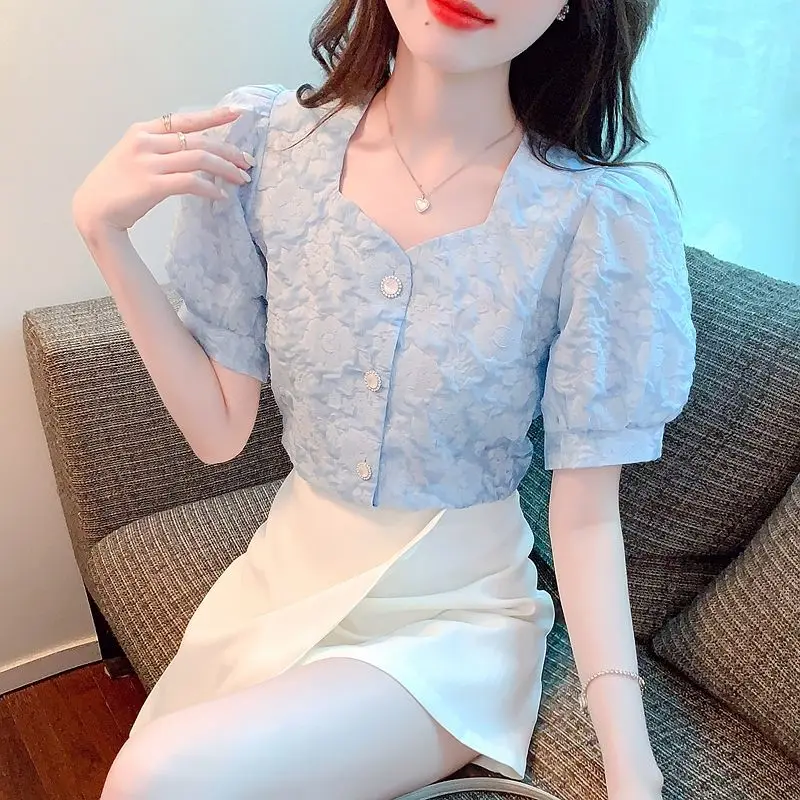 Модные однотонные шифоновые рубашки с квадратным воротником и пуговицами