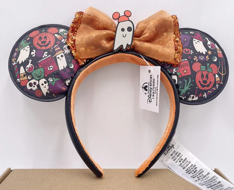 

Rare Mickey Pumpkin Disney Parks Headband Sequin Bow Ears Halloween 2022 Ghost