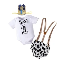 Baby Boy Clothes Infant Cow Outfit for Cake Smash First Birthday Newborn Romper + Suspender Shorts  Crown Toddler Photograph