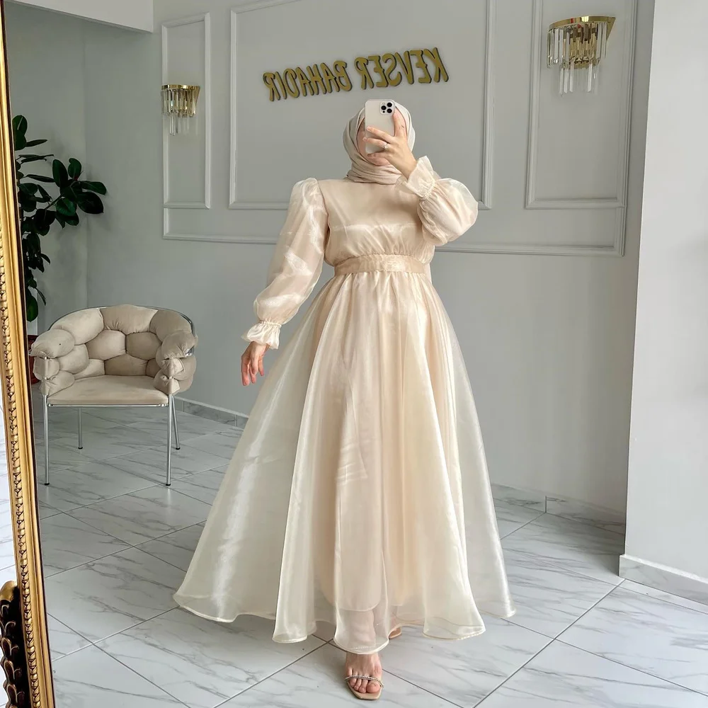 

Cenove Organza A-Line Prom Dress Champagne Arabic Formal Dress With Long Sleeve Belt New Party Gown for Women Evening Party 2023