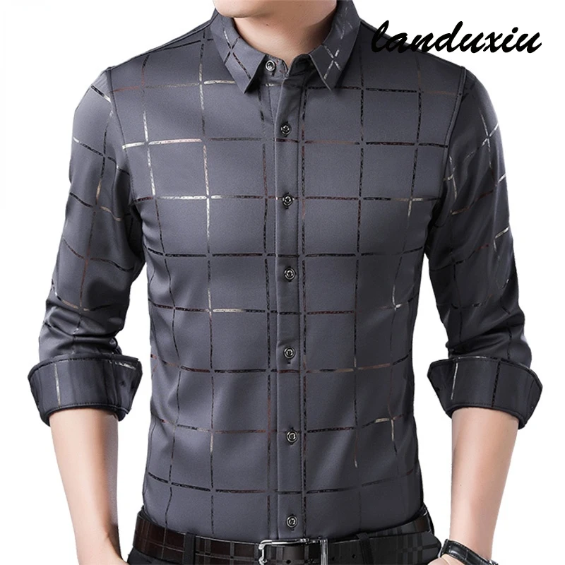 

2022 Mens Fashions Brand Casual Spring Luxury Plaid Long Sleeve Slim Fit Streetwear Social Dress Shirts landuxiu