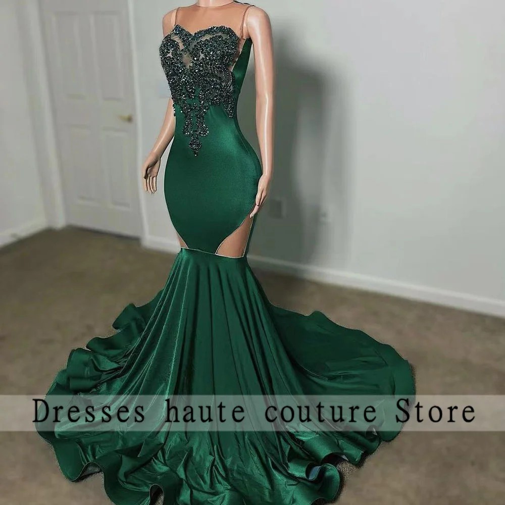 

New Dark Green Satin Mermaid Prom Dresses 2023 For Black Girls Sheer Neck Beaded Birthday Party Gown Robe De Bal