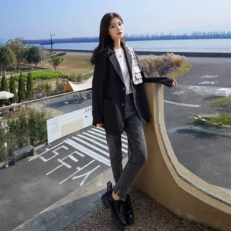 

2022 New Blazer Women Spring Outerwear Korean Fashion Lady Blazers Suit Coat Spliced Plaid Black Suits Jacekt Blazer Womens