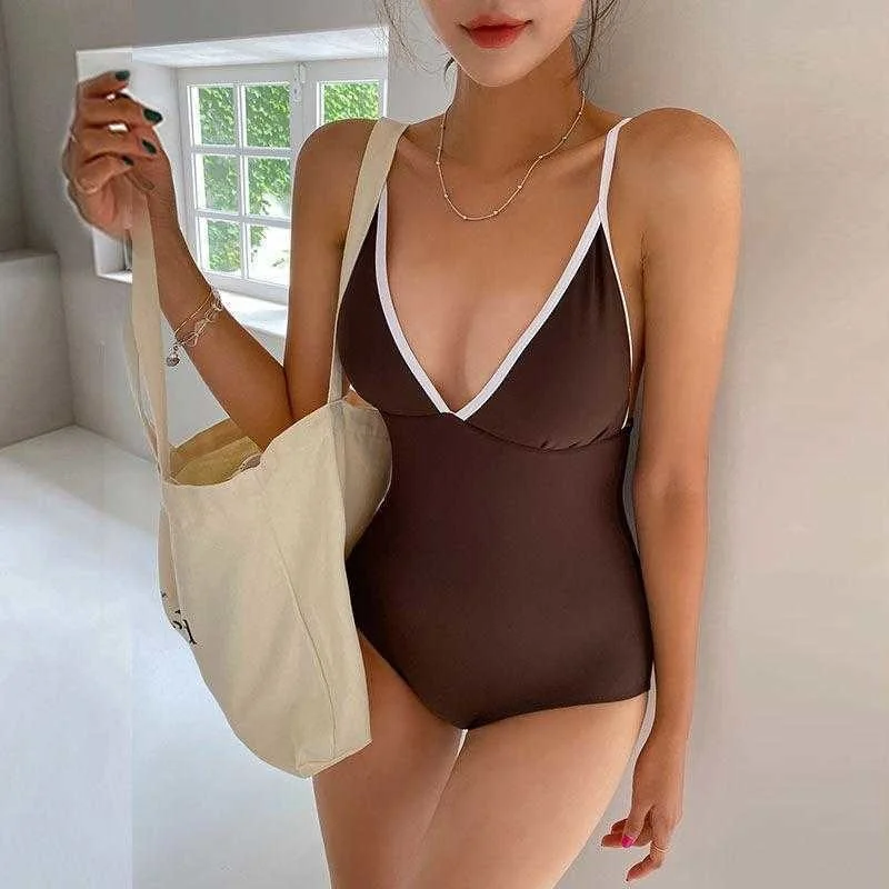 

Korean Style One Piece Solid Color Swimsuit Slim Fit Backless Spring Bathing Suit