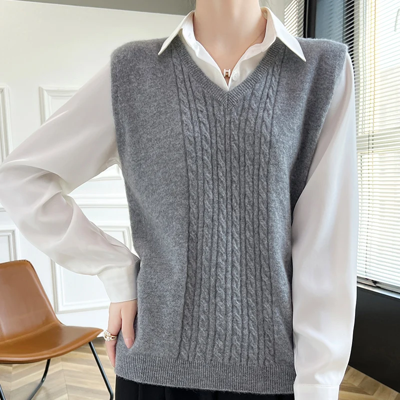 Женский шерстяной вязаный жилет однотонный Свободный с V-образным вырезом