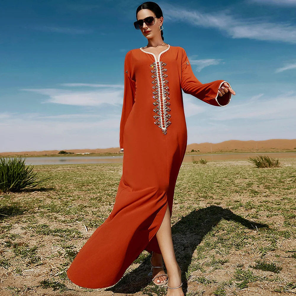 Оранжевое Женское платье в арабском стиле ручной работы с длинным вырезом и тесьмой