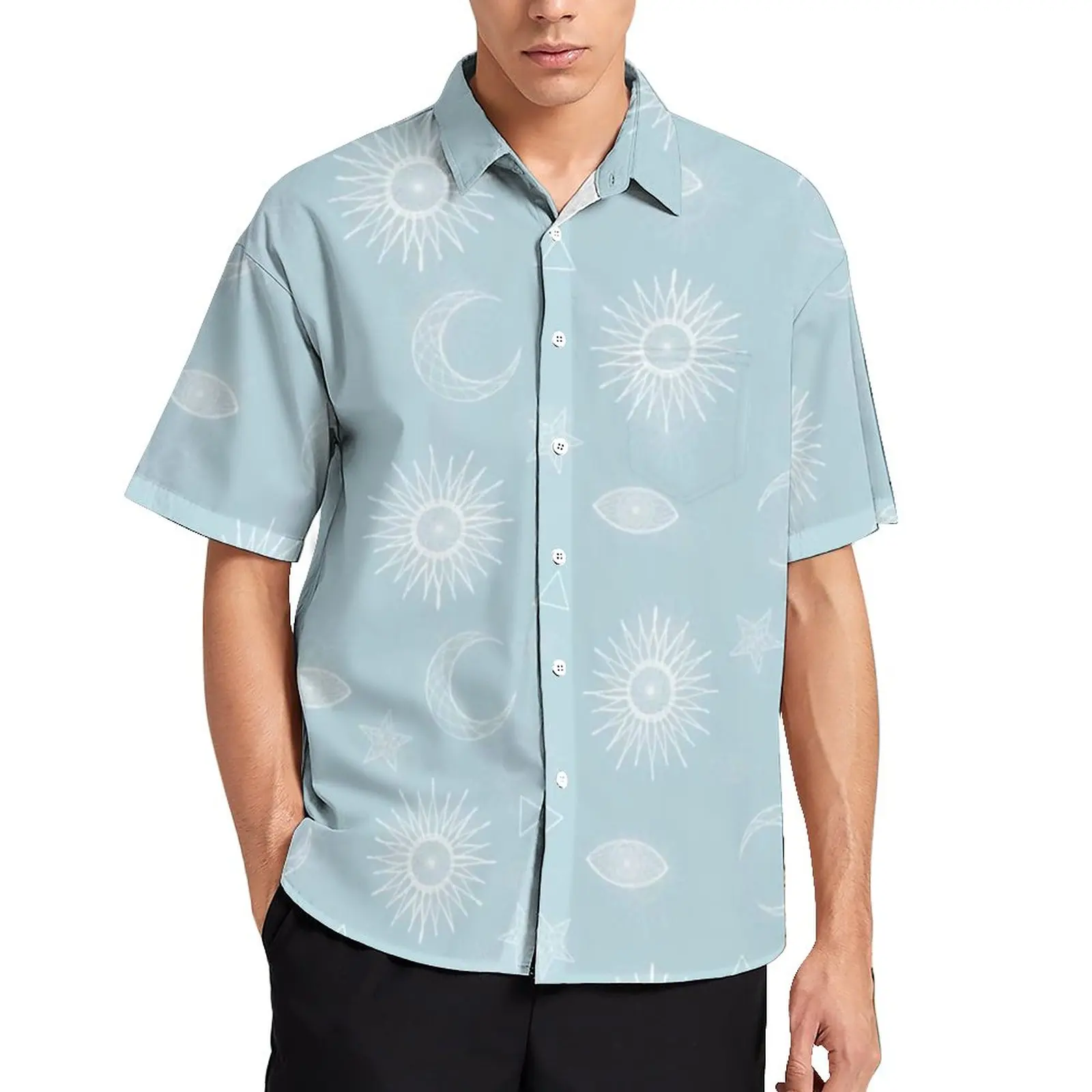 

Рубашка для отпуска с волшебными символами, мужские повседневные рубашки с белыми луной, солнцем и звездами, гавайская дизайнерская крутая блузка большого размера с коротким рукавом, подарок