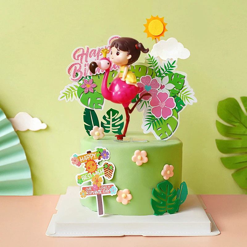 

Cake Toppers Decoration Rainforest Flamingo Girl Plant Happy Birthday Party Animal Forest Theme Dessert Flag Decoration Cake