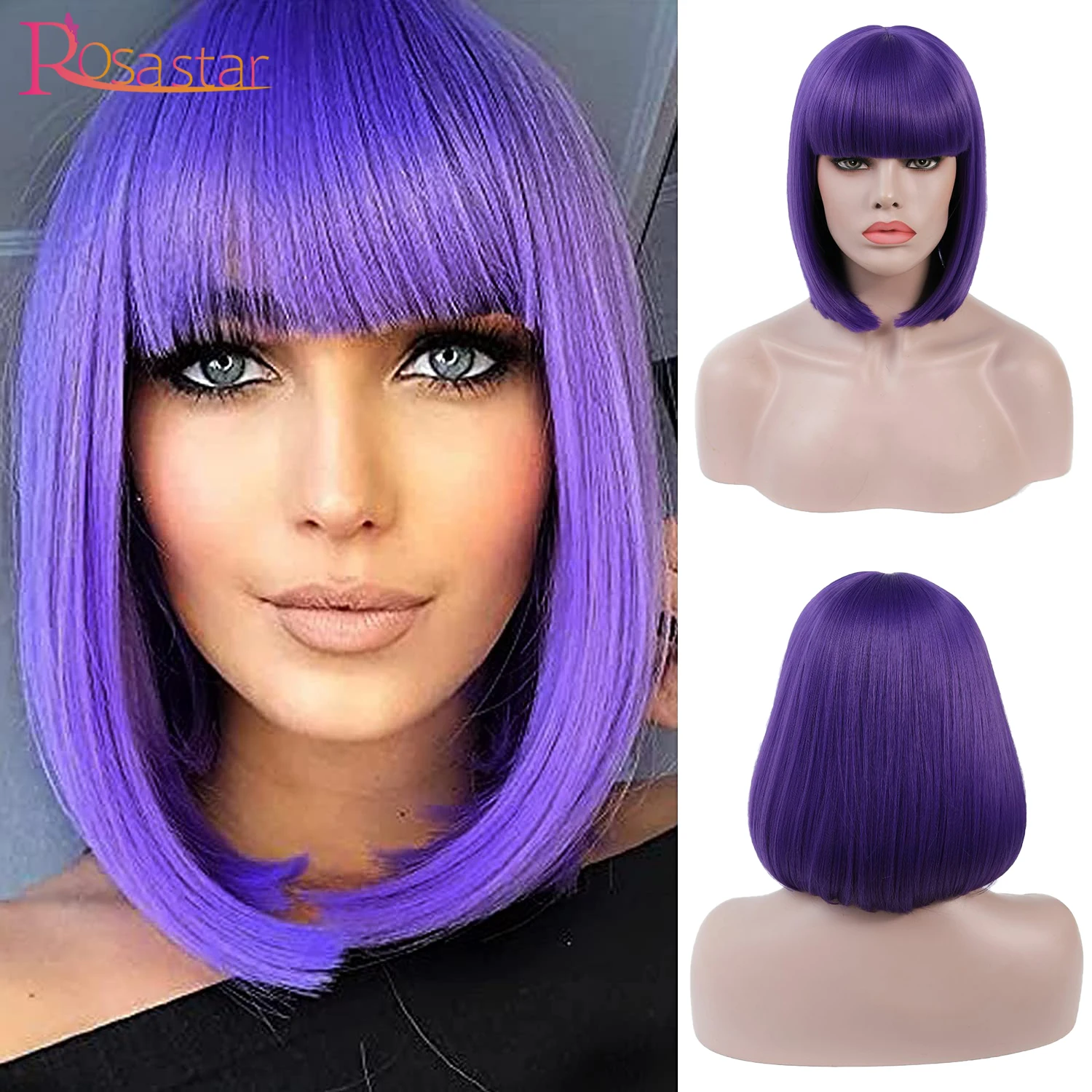 

Rosa Star Short Bob Hair Straight Dark Purple Natural Heat Resistant Breathable Fit Women Synthetic Hair Everyday Cosplay Wigs