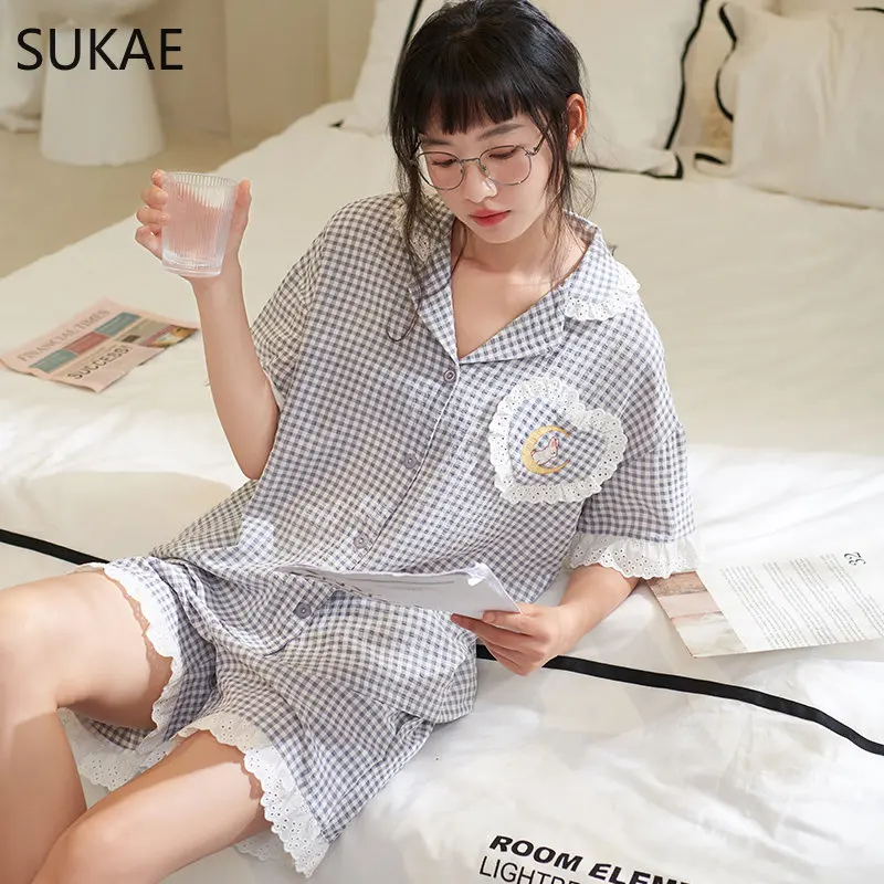 

SUKAE Fresh Style Woman's Pajama Sets Bubble Fabric Summer Shorts Cardigan Sleepwear for Women Turn-down Collar Pijamas for Girl