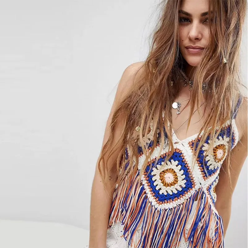 

Новая летняя женская сексуальная пляжная майка в стиле бохо с кисточками черного и синего цвета