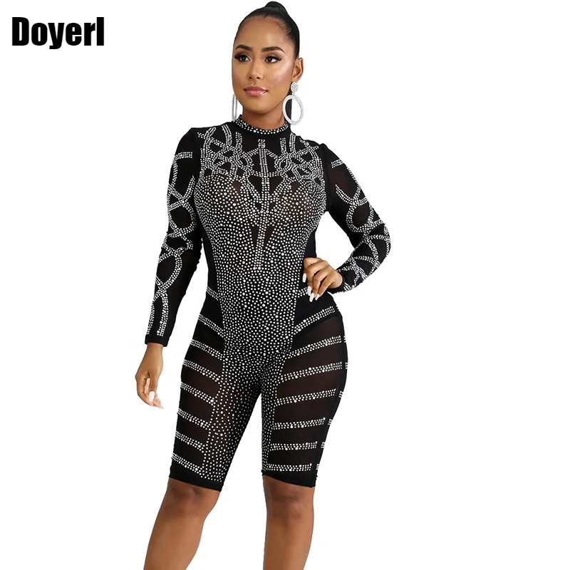 Rhinestones Sexy Party Jumpsuit Women Elegant Long Sleeve Bodycon Jumpsuit Rompers Short Overalls Sparkly Night Club Jumpsuit