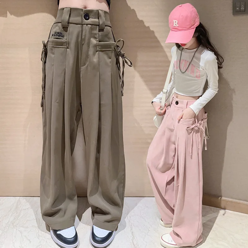 

Брюки с широкими штанинами для девочек, демисезонные детские брюки для девочек-подростков, Повседневная стильная одежда, 4, 6, 8, 10, 12, 14 лет