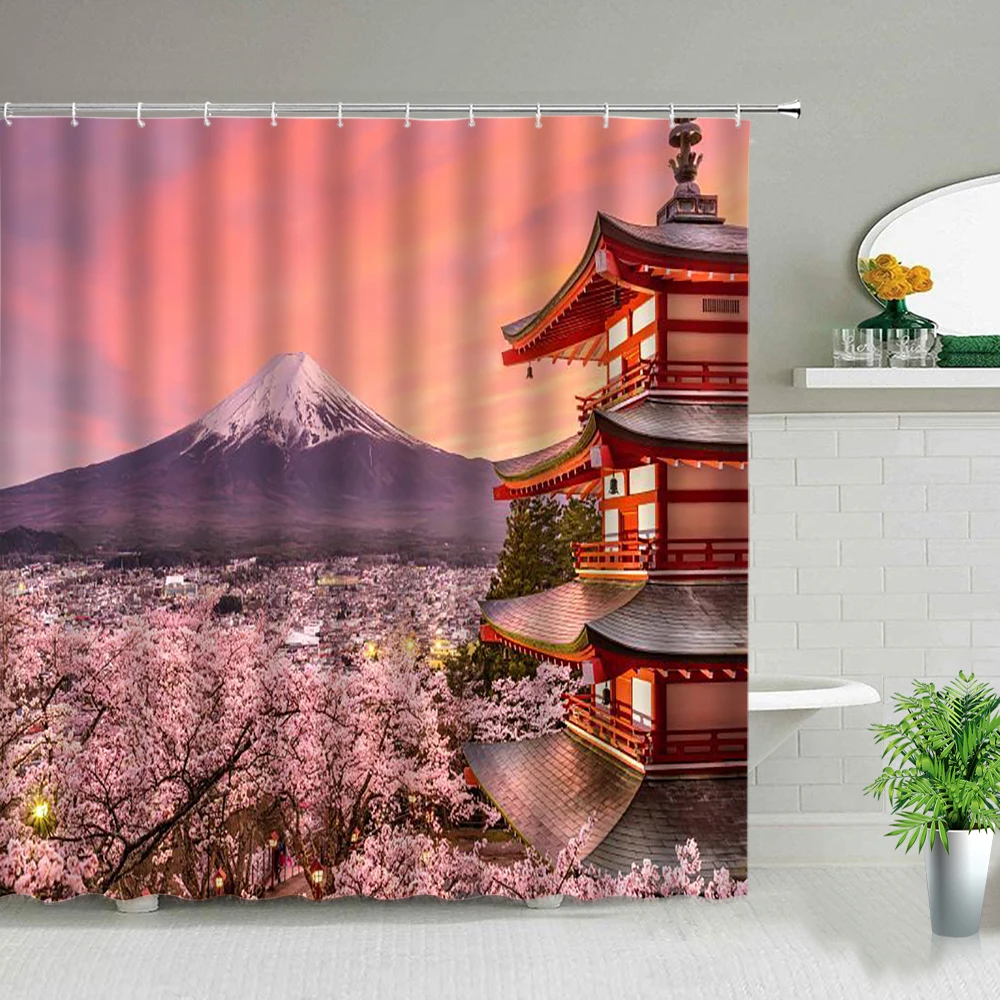 Japanese Scenery Theme Shower Curtain Tower Japan Mount Fuji Landscape Cherry Blossom Flower Bathroom Curtains Set Decor