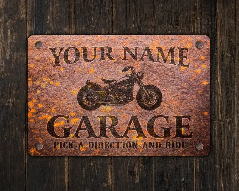 

Custom Wood Appearance Metal Bar SignCustom Rusty Design Motorcycle Garage Metal Sign