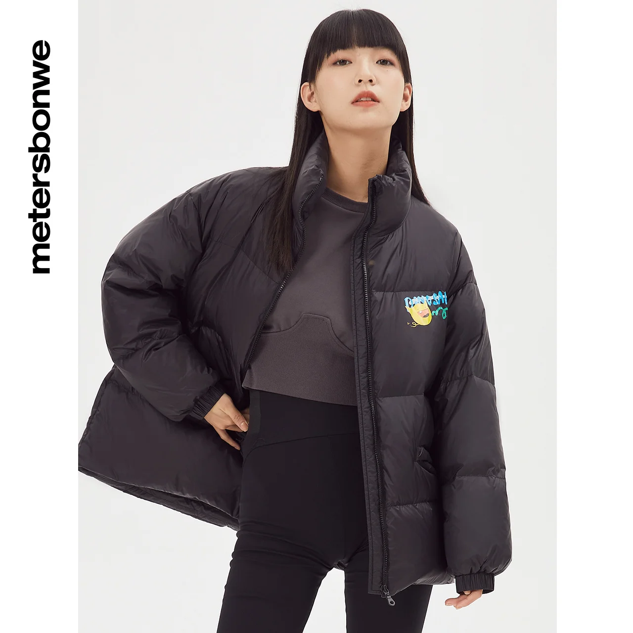 Metersbonwe Women's Puff Coat With 80%Duck Down Stand Collar Back Cartoon Print Warm Wear Oversize Hot Sale Winter Down Jackets
