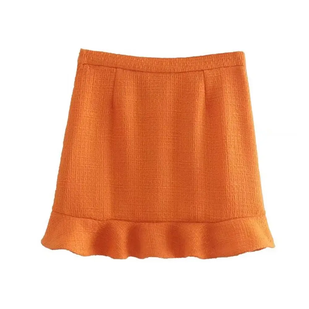 

ZXQJ Women 2022 Fashion Fitted Solid Color With Ruffles Tweed Mini Skirt Vintage High Waist Side Zipper Female Skirts