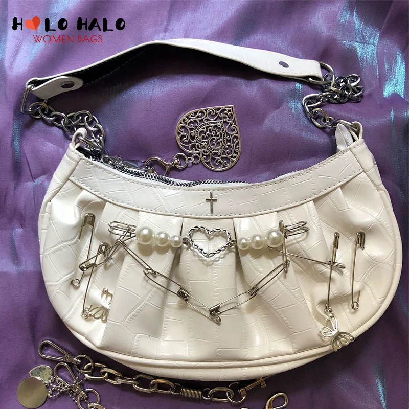 

Harajuku Gothic Pin Cross Chain Shoulder Bag Women Punk Y2K Goth Bag Streetwear Female Pleated Dumplings Designer Handbag