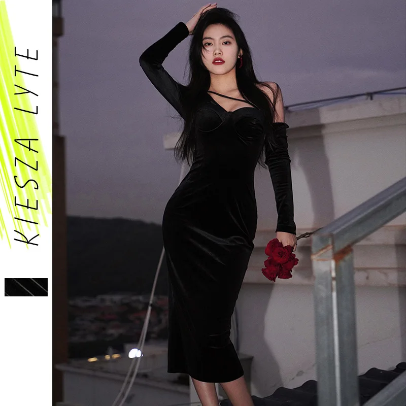

Sexy Bodycon Bandage Dress Vintage Velvet Solid Black Sexy Shoulder Long Sleeve Dresses New 2022 Spring Clothing
