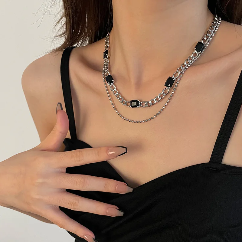 

Двухслойное ожерелье в стиле хип-хоп с черными кристаллами для женщин и мужчин, многослойная цепочка в стиле панк, простое ожерелье из титановой стали, ювелирные изделия Y2K