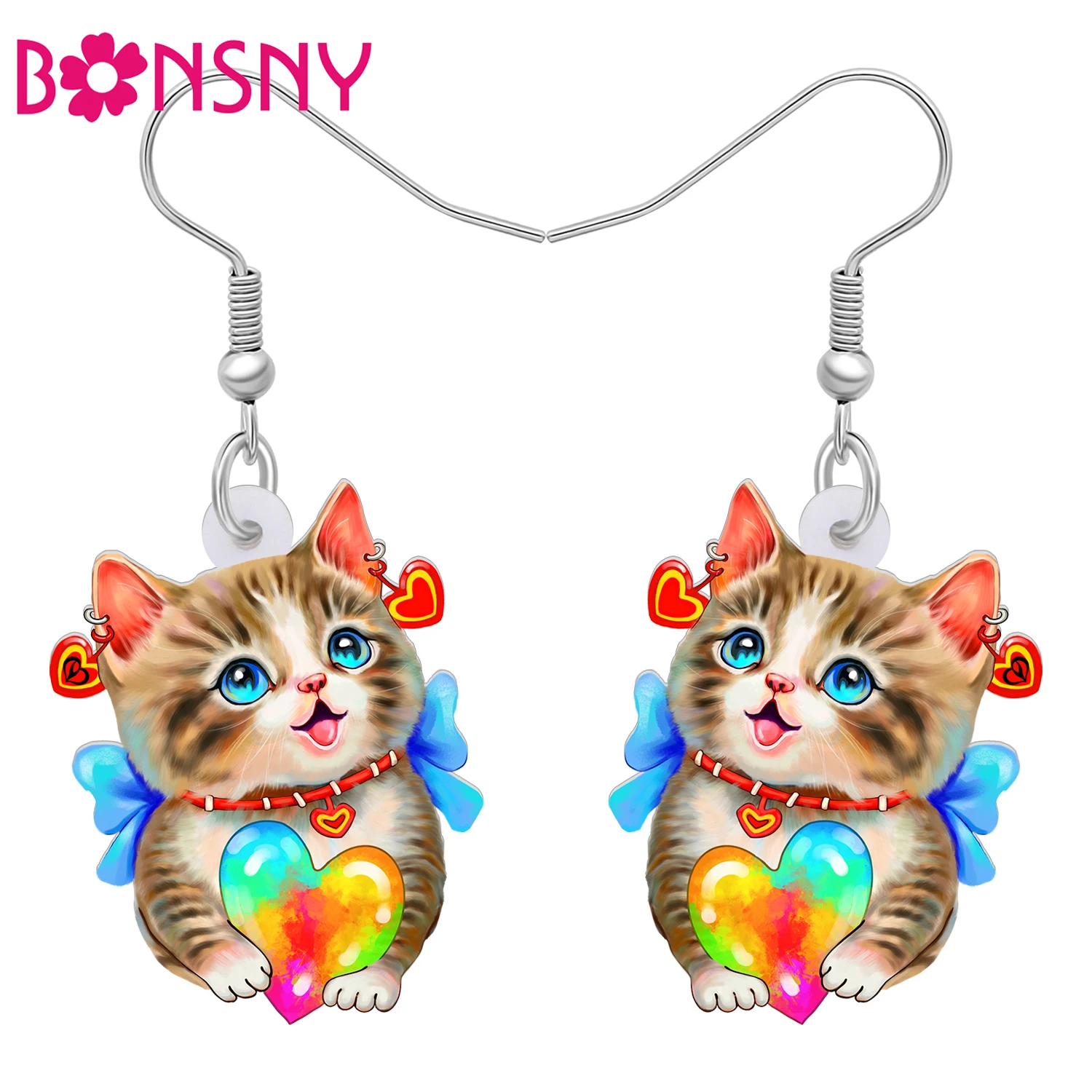 Акриловые милые серьги Bonsny в виде сердца и кота на День святого Валентина, висячие украшения с животными, подвески для женщин и девочек, подарки для детей
