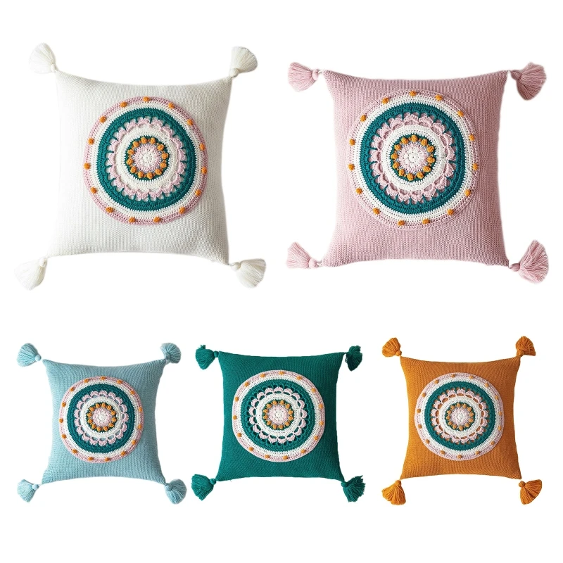 

Трикотажная декоративная подушка в стиле бохо для оформления искусственных элементов с кисточками в этническом стиле, красочная Геометрическая круглая Цветочная декоративная подушка