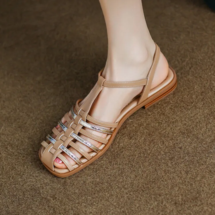 

2022New Gladiator Apricot Women Flats Sandals Rome Narrow Band Beach Summer Shoes Violet Leather Casual Sandalias Femmes Zapatos