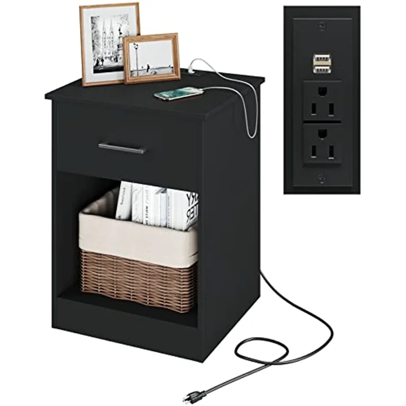 

Тумбочка с зарядной станцией, USB-портами и розетками питания, деревянный стол с выдвижным ящиком и открывающейся полкой
