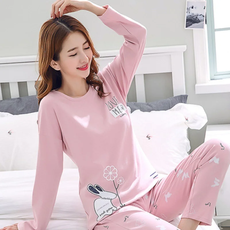 

Autumn Cotton Cute Cartoon Women 2pcs/set Pajamas Set Casual O Neck Long Sleeve Home Clothes Cozy Sleepwear Lingerie Female