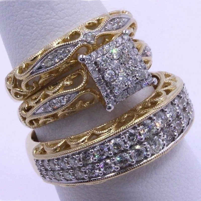 

MFY 3 Pcs/set Fashion Colorful Zircon Inlaid Hollow Metal Ring For Women Accessories Jewelry Party Wedding Gift