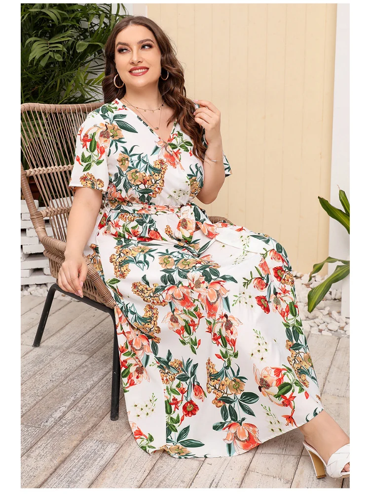 High-waisted exotic V-neck long skirt plus size temperament print black sexy exotic dress