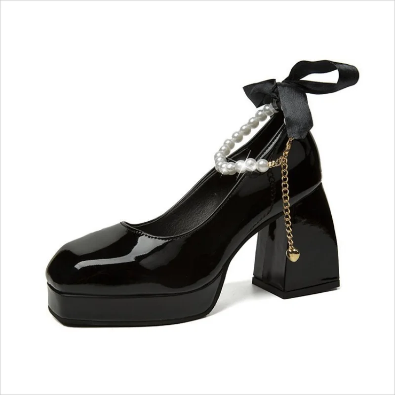 New Ladies High Heels Elegant Bow Square Toe Black High Heels Fashion Thick Heel Wedding Party Pearl Lace Wedding Shoe