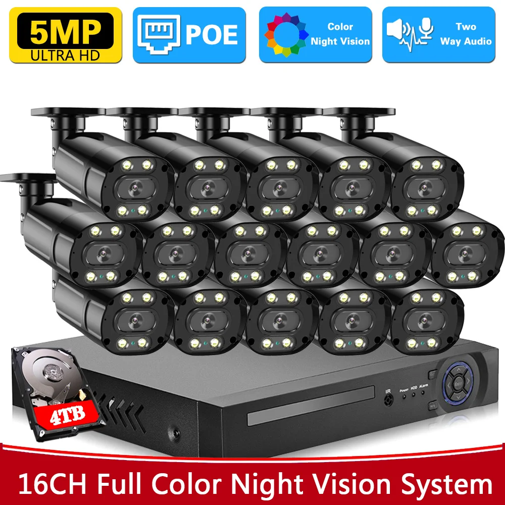 

16CH 4K Security Network Camera System 5MP POE Two Way Audio Waterproof Outdoor Colorful Night Camera Video Surveillance Set P2P