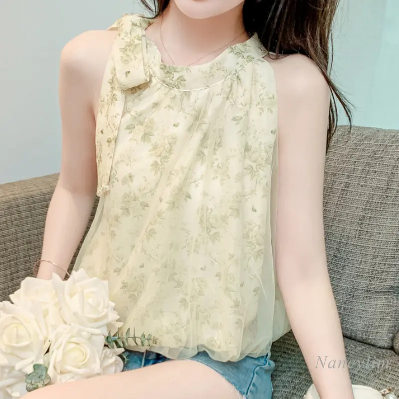 

Women's Bow Tie Collar Sleeveless Floral Chiffon Shirt Summer Top 2023 New Halter Loose Holiday Blouse All-Matching