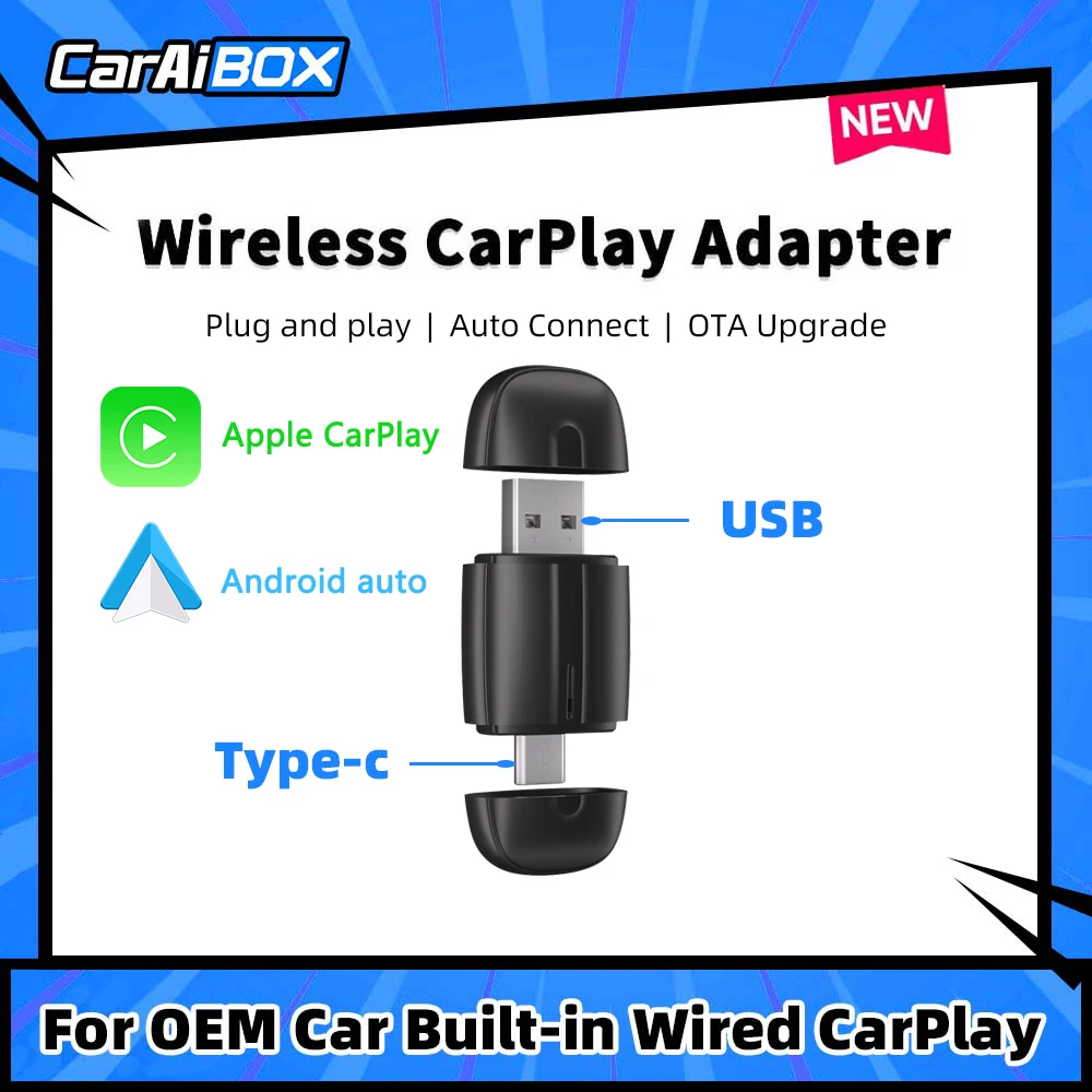 CarAiBOX 2 в 1 двусторонний беспроводной адаптер CarPlay с прямой вставкой Android