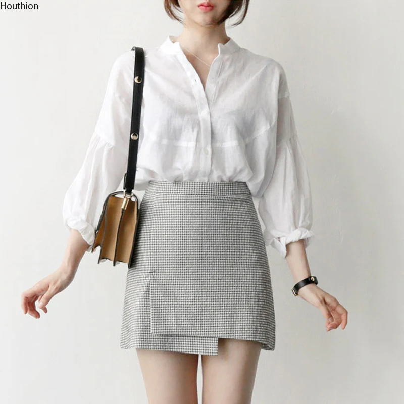 

Новинка Женская блузка с рукавом три четверти однотонный топ Смешанная модная повседневная рубашка приталенная Женская одежда в Корейском...