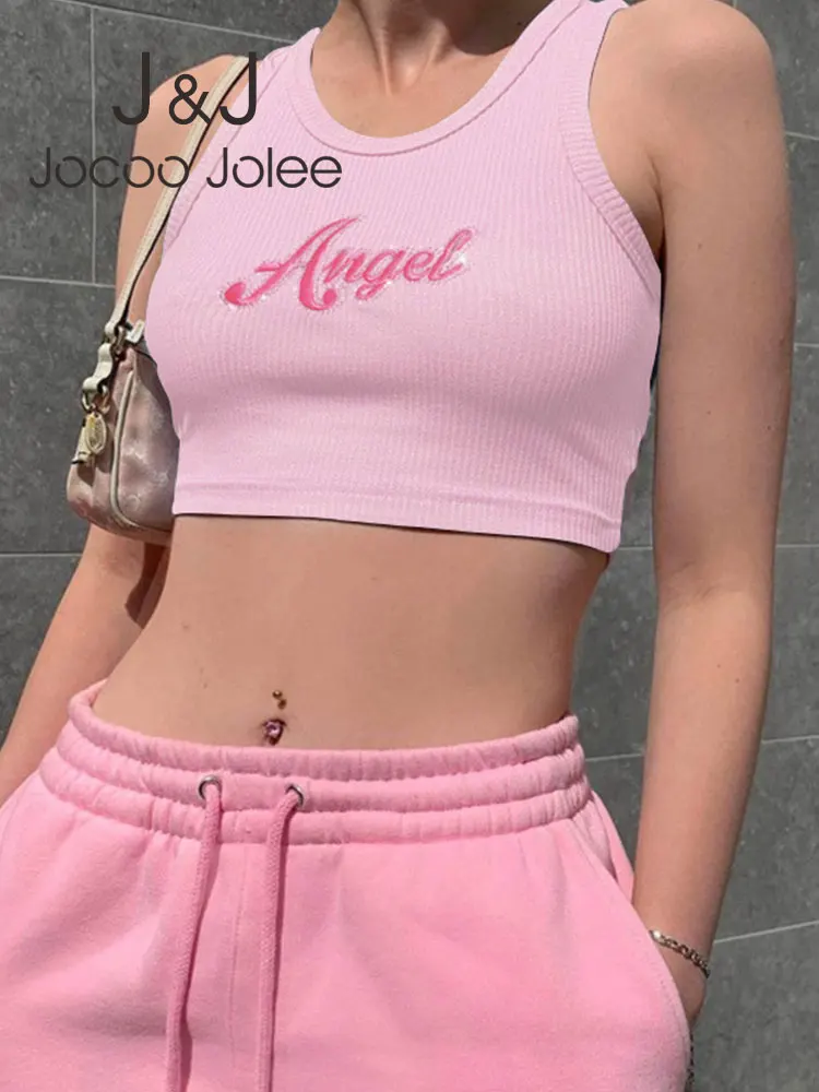 

Fashion Angel Letter Embroidery Women's Sports Casual Vest Cropped O Neck Sleeveless Girls Tank Top Knitted Basic Pullover Camis