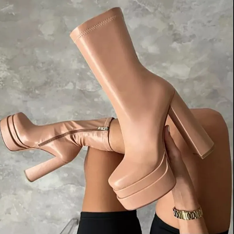 

Motorcycle Boots Women Double Platform Fashion High Quality Luxury Women's Shoes White Super High Heels Zip Brand New Plus Size