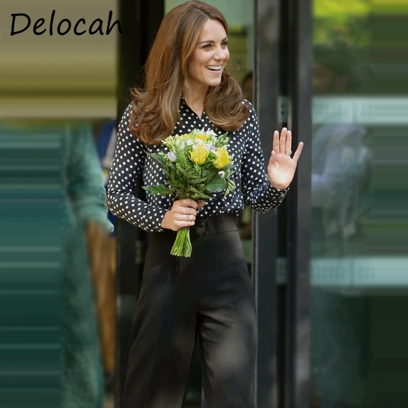 Delocah New 2021 Autumn Women Fashion Designer Pants Set Long Sleeve Loose Dot Blouses + High Waist Long Wide Leg Pants Suits enlarge