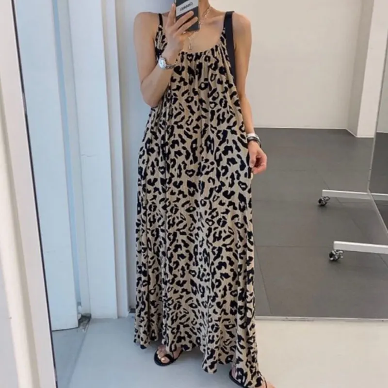 

SuperAen 2022 Summer Retro O Neck Leopard Print Loose Casual Sleeveless A-LINE Casual Spaghetti Strap Dresses Women