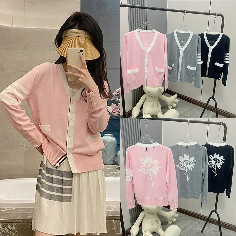 

High Quality TB Spring Flower Embossed Jacquard Casual Coat TB Four Bar Round Neck Cardigan Women's Wool T-Shirt