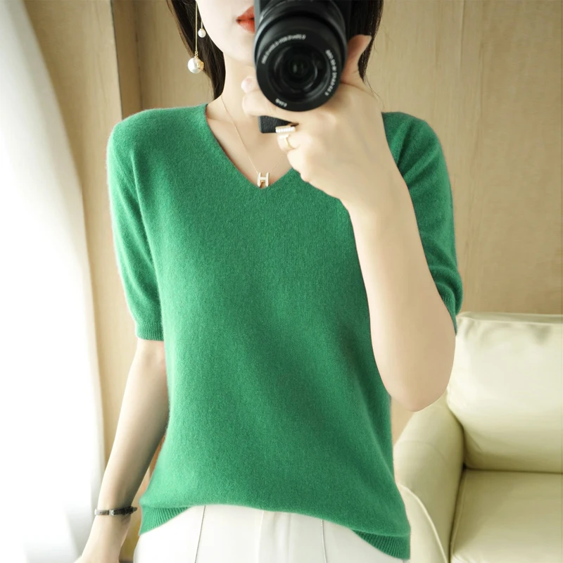 Женский кашемировый свитер с V-образным вырезом коротким рукавом |