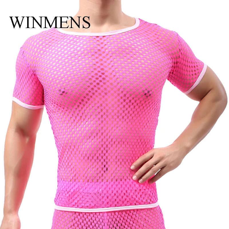 Men's Fishnet See Through Undershirts Summer Funny Cut-outs Mesh Short Sleeve Shirts Ultra Elastie Sheer Gay Bodysuit Breathable