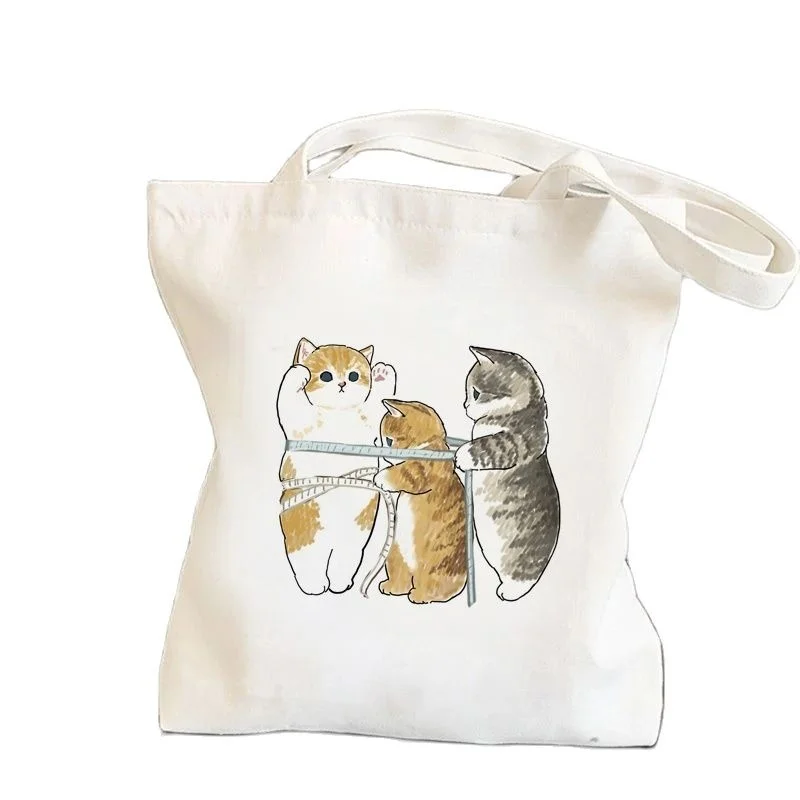 Сумка-шоппер женская с забавным котом и акулой, многоразовая холщовая сумочка-тоут в стиле Харадзюку, милая Экологически чистая, вместительная, на лето