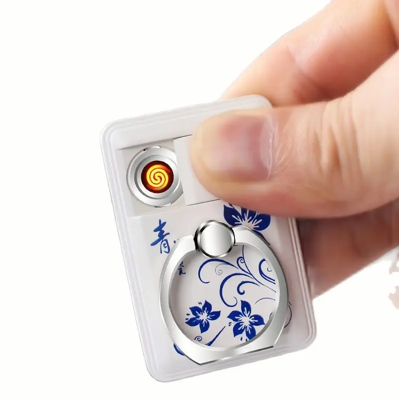

USB Rechargeable Phone Stand Lighters Fingerprint Plasma Flameless Electric Lighters Chinese Style Phone Ring Father Men Gifts